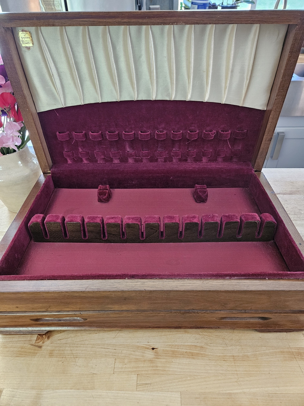 Vintage Wooden Silverware Box with Burgundy Velvet Interior